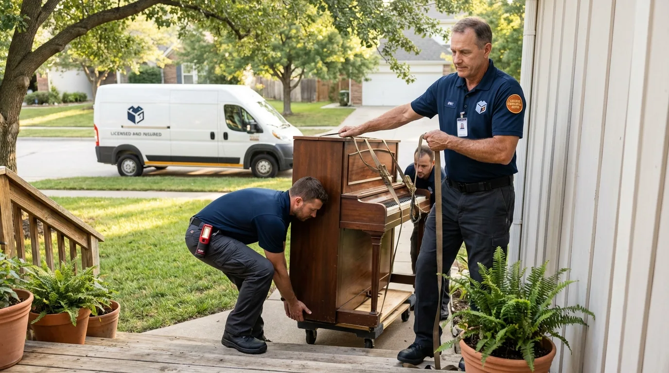 Licensed piano movers securing grand piano in Hartford, AL