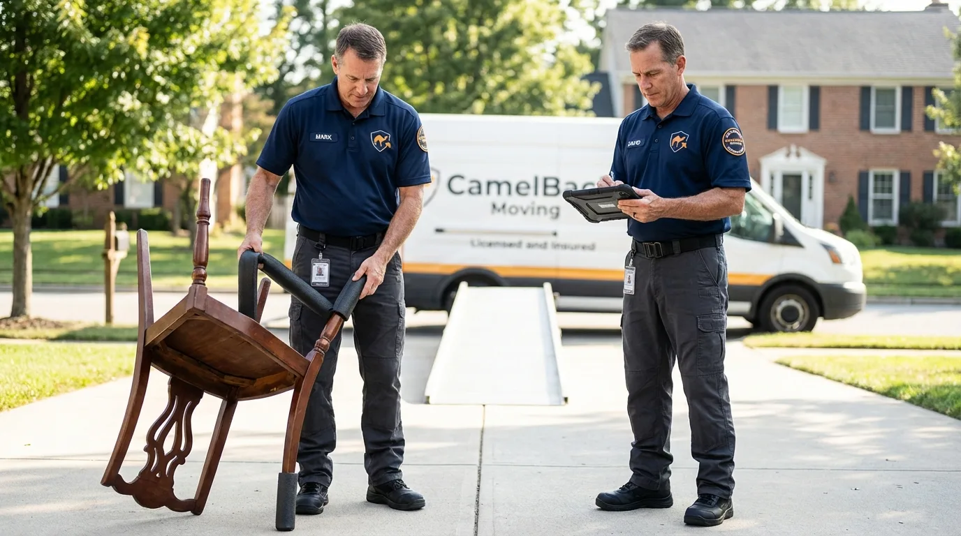 Movers inspecting furniture for damage prevention before loading in Hartford, AL
