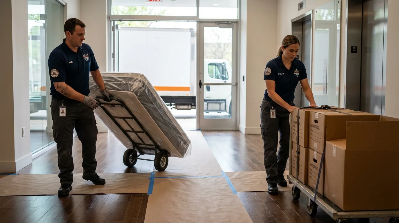 Professional apartment movers loading elevator in Hartford, AL