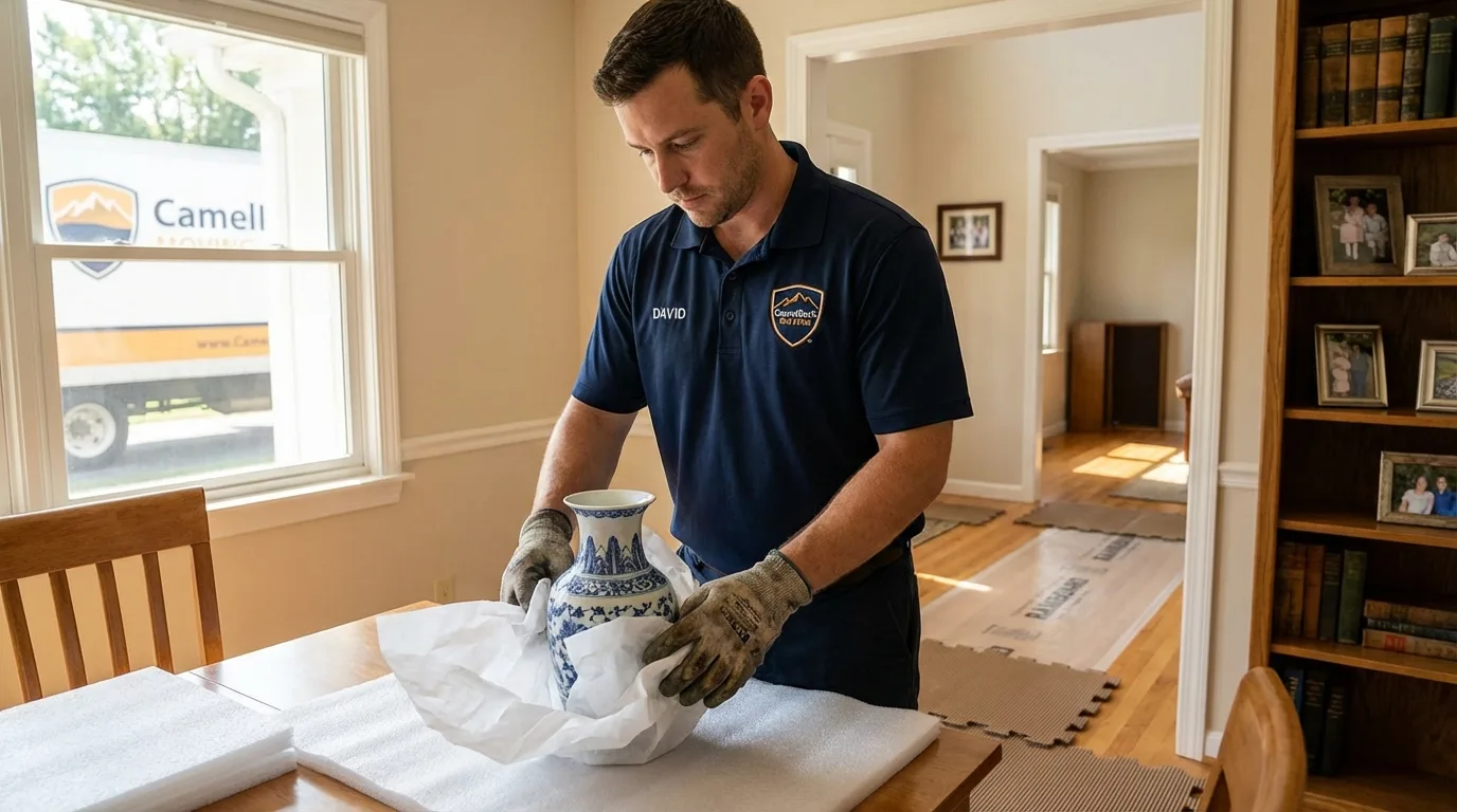 Professional crew carefully wrapping antique vase for senior downsizing move in Hartford, AL